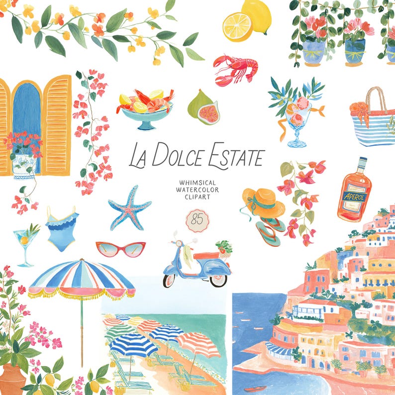 May include: Watercolor clipart featuring Italian summer themes. Includes a beach scene with umbrellas, a scooter, a swimsuit, and the text "La Dolce Estate". Also includes lemons, figs, and a bottle of Aperol.