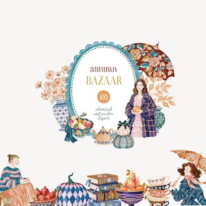 Pode incluir: Ilustração em aquarela com o texto "autumn BAZAAR" dentro de uma moldura oval turquesa. A imagem apresenta uma mulher segurando uma abóbora, junto com abóboras, livros, xícaras de chá e um guarda-chuva. As palavras "100 whimsical watercolor clipart" também estão incluídas.