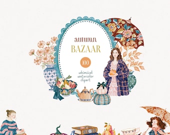 Preppy Fall Clipart Watercolor Vintage Whimsical Autumn Frames Patterned Pumpkins Bows Transparent PNG Commercial Licence