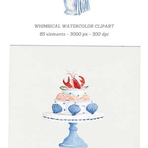 Puede incluir: Ilustraci&oacute;n en acuarela de un pastel decorado con conchas marinas azules y camarones, coronado con pinzas de langosta rojas. Una botella de champ&aacute;n se enfr&iacute;a en una cubitera con una toalla a rayas azules y blancas. Texto: WHIMSICAL WATERCOLOR CLIPART.