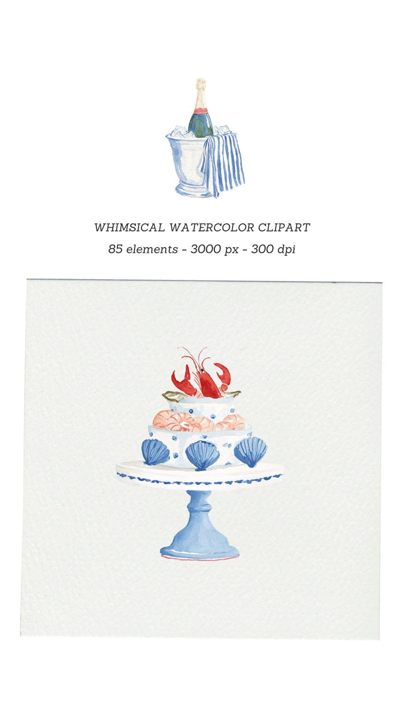 Puede incluir: Ilustraci&oacute;n en acuarela de un pastel decorado con conchas marinas azules y camarones, coronado con pinzas de langosta rojas. Una botella de champ&aacute;n se enfr&iacute;a en una cubitera con una toalla a rayas azules y blancas. Texto: WHIMSICAL WATERCOLOR CLIPART.
