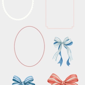 May include: Watercolor clipart featuring decorative frames and bows. The image includes a scalloped oval frame, a rectangular frame, an oval frame, and three bows in blue and red with white stripes. The text "Riviera Prep" is at the top.