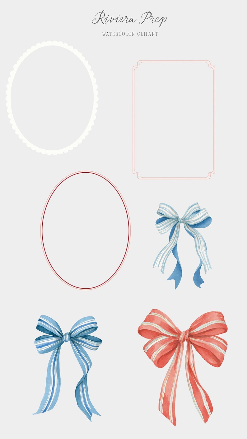 May include: Watercolor clipart featuring decorative frames and bows. The image includes a scalloped oval frame, a rectangular frame, an oval frame, and three bows in blue and red with white stripes. The text "Riviera Prep" is at the top.