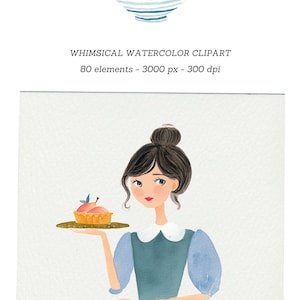 May include: Watercolor illustration featuring a bowl of fruit and a woman holding a dessert. The bowl has blue stripes and contains oranges, pears, and an apple. The woman wears a blue dress and has dark hair.