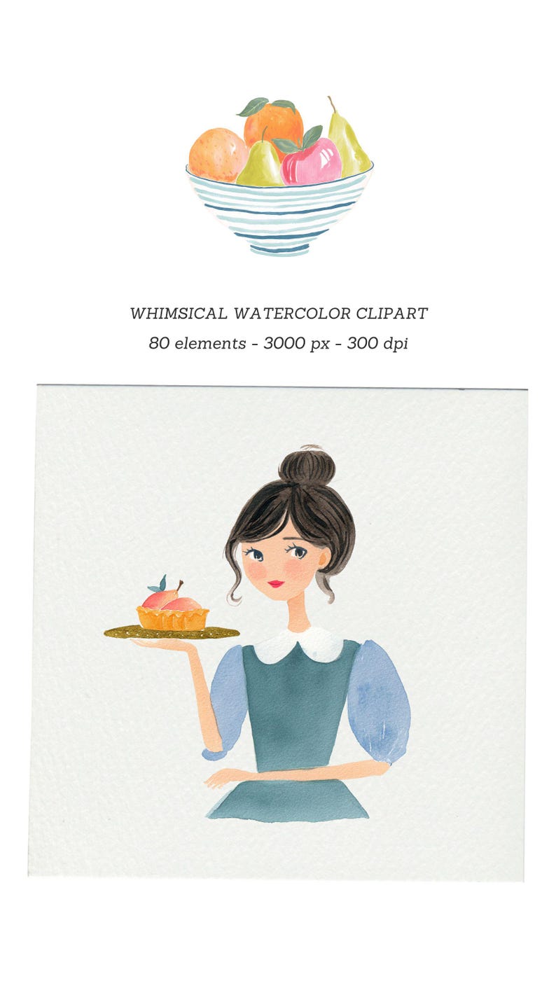 May include: Watercolor illustration featuring a bowl of fruit and a woman holding a dessert. The bowl has blue stripes and contains oranges, pears, and an apple. The woman wears a blue dress and has dark hair.