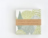 Evergreen Forest Ceramic Tile Coasters Emerald Green Abstract Japanese, set of 4