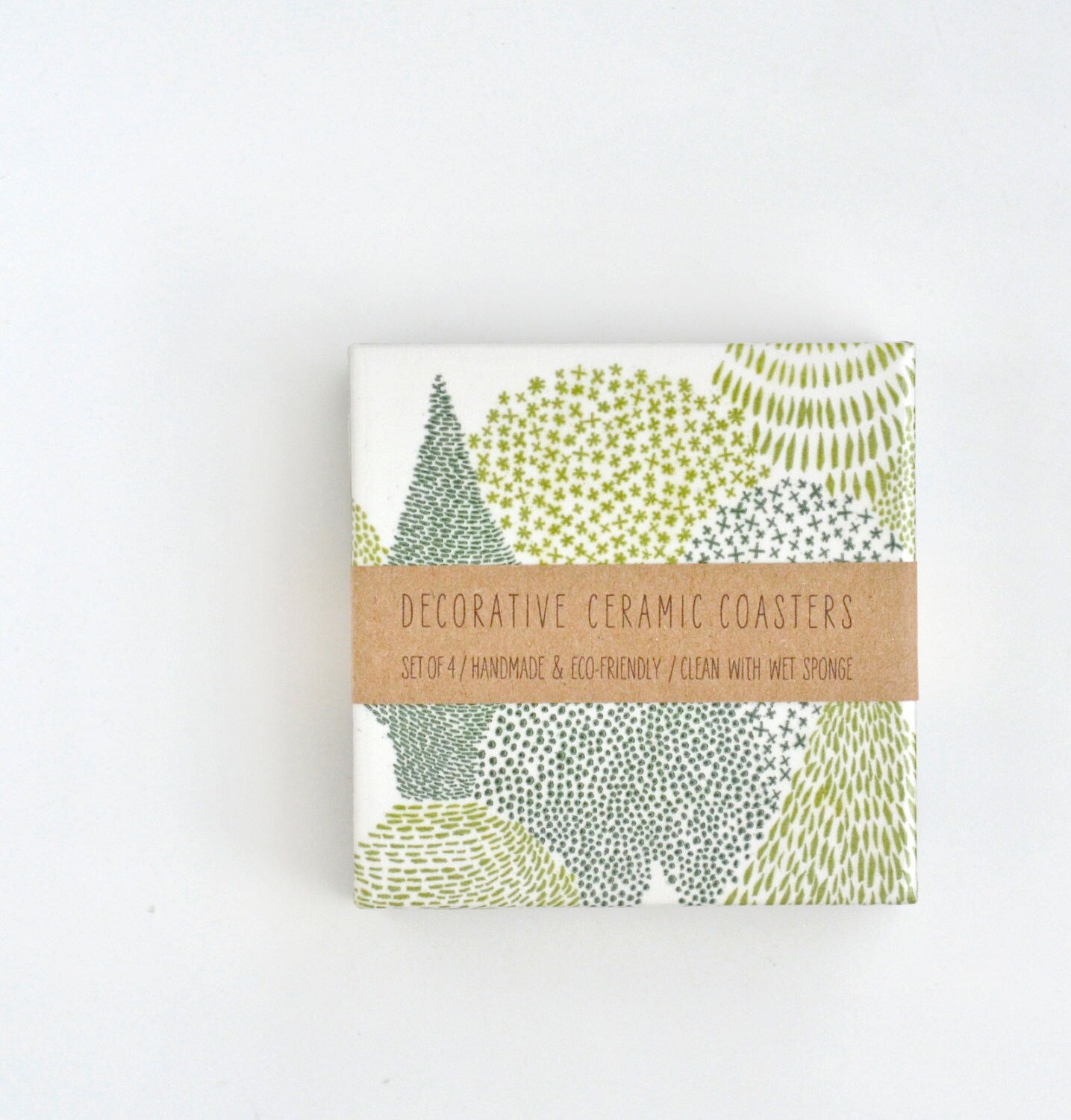 Evergreen Forest Ceramic Tile Coasters Emerald Green Abstract Japonais, Ensemble de 4