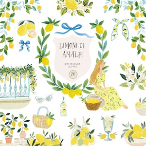 May include: Watercolor clipart featuring lemons, greenery, and the text "Limonidi Amalfi." The image includes a woman in a yellow dress, a basket of lemons, sunglasses, and a bottle of lemonade. The overall theme is a sunny, Italian summer.