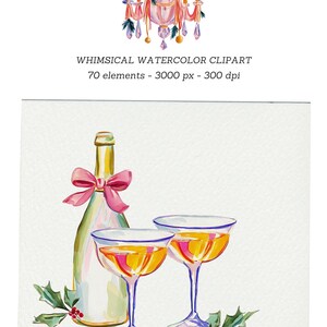 Op de afbeelding: Een aquarelillustratie met een champagnefles versierd met een roze strik, vergezeld van twee gevulde coupenglazen en hulsttakjes met rode bessen. Daarboven een kroonluchterillustratie met roze linten en groene dennentakken.