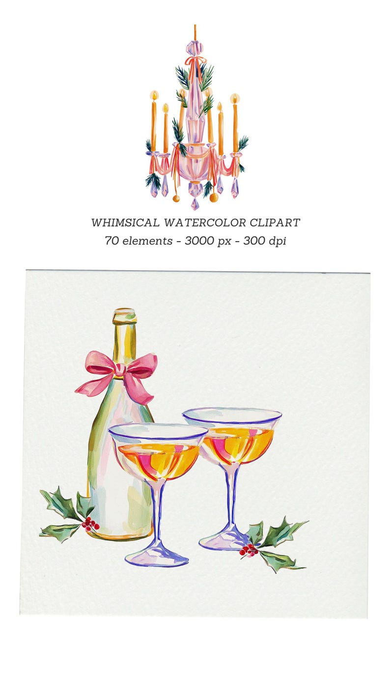 Op de afbeelding: Een aquarelillustratie met een champagnefles versierd met een roze strik, vergezeld van twee gevulde coupenglazen en hulsttakjes met rode bessen. Daarboven een kroonluchterillustratie met roze linten en groene dennentakken.