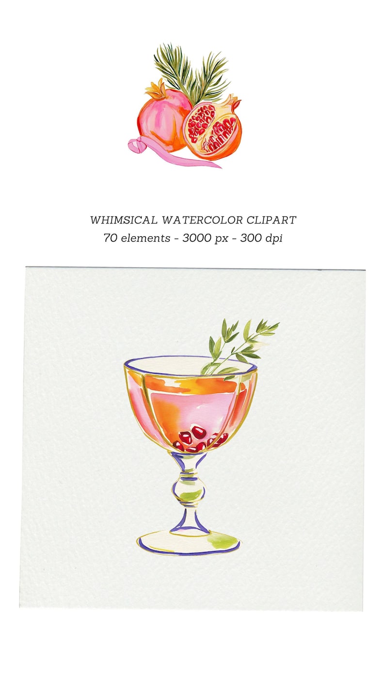 Op de afbeelding: Een aquarelillustratie van een glas op voet gevuld met een roze vloeistof, granaatappelpitjes en een groen takje. Boven het glas zijn een hele granaatappel en een gehalveerde granaatappel met groene dennennaalden afgebeeld met een roze lint.