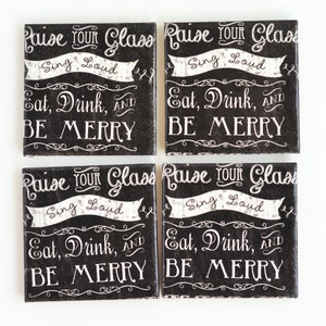 Merry Christmas Coasters Handmade Chalkboard Style Retro Font Quote Ceramic Tile Black Drink Coasters Hostess New Year Unique Holiday Gift image 2