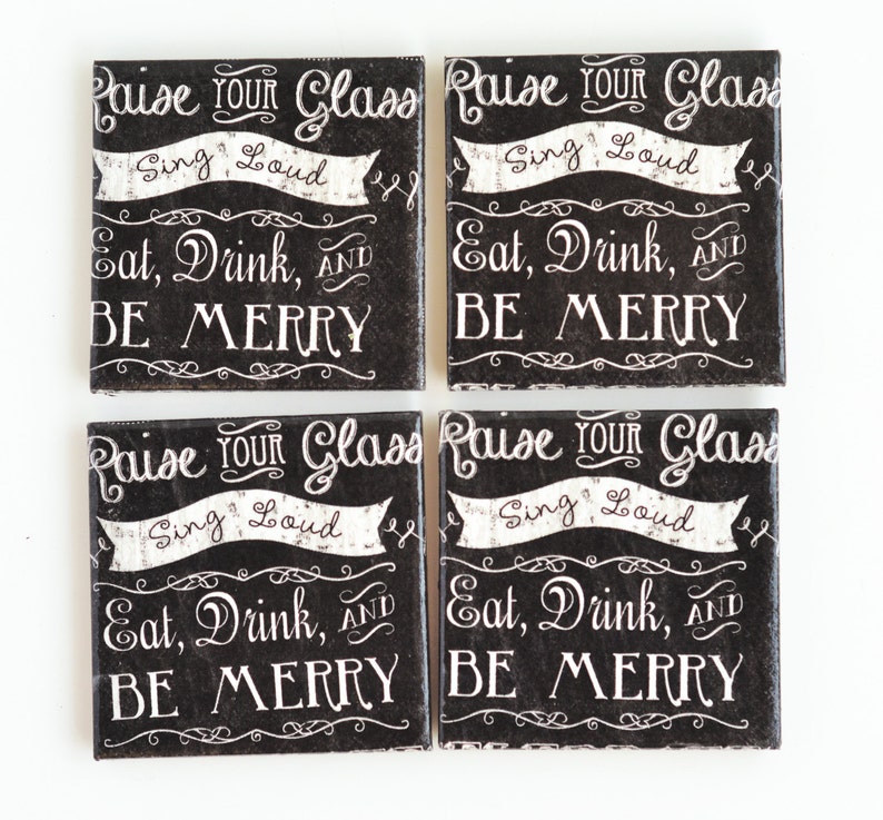Merry Christmas Coasters Handmade Chalkboard Style Retro Font Quote Ceramic Tile Black Drink Coasters Hostess New Year Unique Holiday Gift image 2