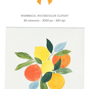 May include: Watercolor clipart featuring a bow and a collection of citrus fruits, including lemons and oranges, with green leaves and blue accents. The text "WHIMSICAL WATERCOLOR CLIPART" is displayed above the fruit illustration.