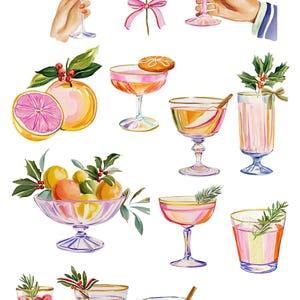Op de afbeelding: Een verzameling aquarelillustraties getiteld HOLIDAY CHEERS, met diverse cocktails in glazen op voet, citrusvruchten, hulsttakjes, een stapel borden met patronen en handen die glazen vasthouden, alles weergegeven in levendige kleuren.
