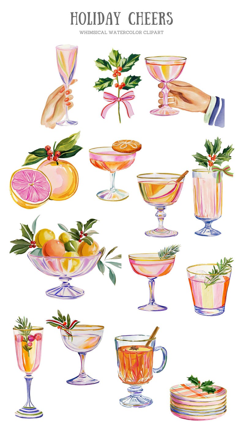Op de afbeelding: Een verzameling aquarelillustraties getiteld HOLIDAY CHEERS, met diverse cocktails in glazen op voet, citrusvruchten, hulsttakjes, een stapel borden met patronen en handen die glazen vasthouden, alles weergegeven in levendige kleuren.