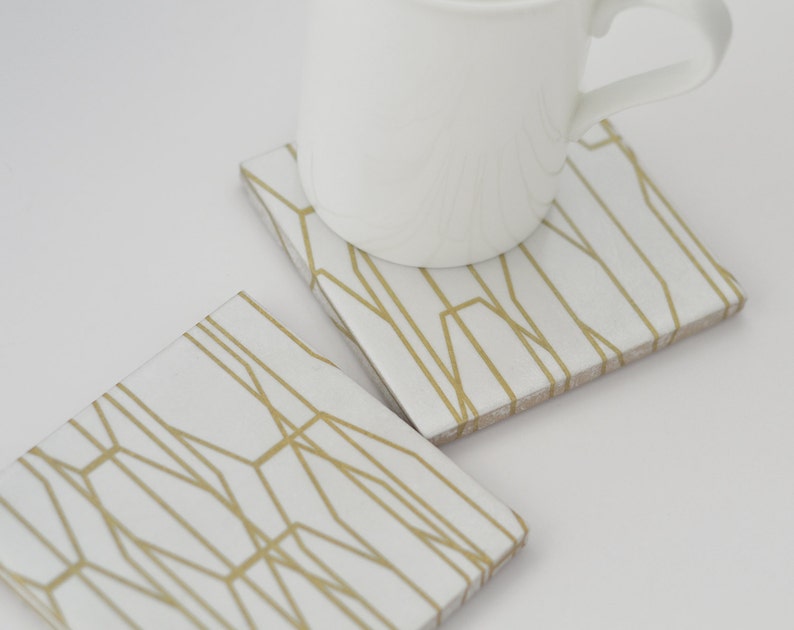 Gold Lines on White Minimal Simple Geometric Repurposed Tiles Ceramic Coasters image 3