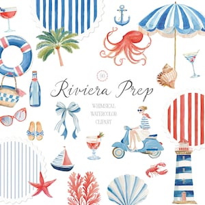 Può includere: Set di clipart ad acquerello con tema Riviera Prep. Include illustrazioni di un polpo rosso, un ombrellone a righe blu e bianche, un faro, uno scooter, una barca a vela e altri elementi nautici e a tema spiaggia. È incluso anche il testo "Riviera Prep".