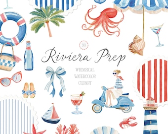 Imágenes prediseñadas costeras estilo preppy, acuarela, estética retro veraniega, estilo Riviera, vacaciones, PNG transparente, uso comercial