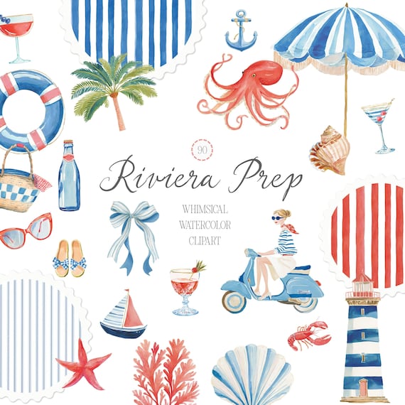 Preppy Coastal Clipart Watercolor Summer Retro Aesthetics Riviera Style Vacation Transparent PNG Commercial Use