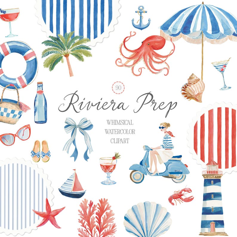 May include: Watercolor clipart set with a Riviera Prep theme. Includes illustrations of a red octopus, a blue and white striped umbrella, a lighthouse, a scooter, a sailboat, and other nautical and beach-themed elements. The text "Riviera Prep" is also included.