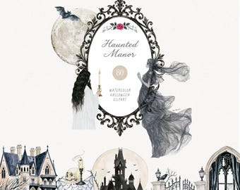 Gothic Halloween Clipart Watercolor Vintage Victorian Haunted House Graphics Scary Horror Edgar Allan Poe Transparent PNG Commercial Use