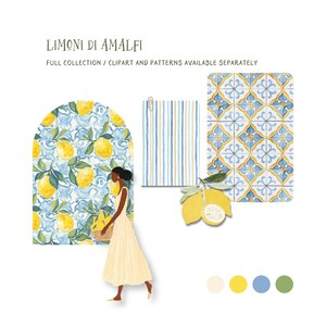 May include: Watercolor illustration featuring the text "Limoni di Amalfi." The image includes a woman in a yellow dress carrying a basket of lemons, along with lemon-themed patterns, a striped towel, and decorative tiles.