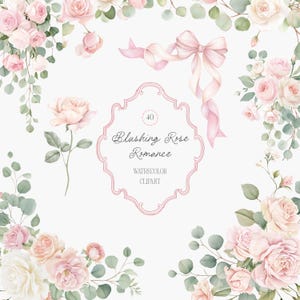 Puede incluir: Ilustración en acuarela con rosas de color rosa rubor, hojas verdes y un lazo de cinta rosa. El texto "Blushing Rose Romance" se muestra en un marco decorativo. La imagen es una colección de 40 elementos de acuarela.