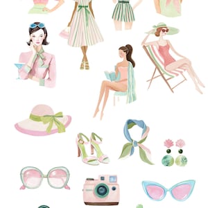 Pu&ograve; includere: Illustrazione ad acquerello intitolata "Palm Springs" con donne e accessori. Include una variet&agrave; di articoli come occhiali da sole, cappelli, una macchina fotografica, scarpe e una borsa. La tavolozza dei colori &egrave; tenue, con rosa, verdi e blu.