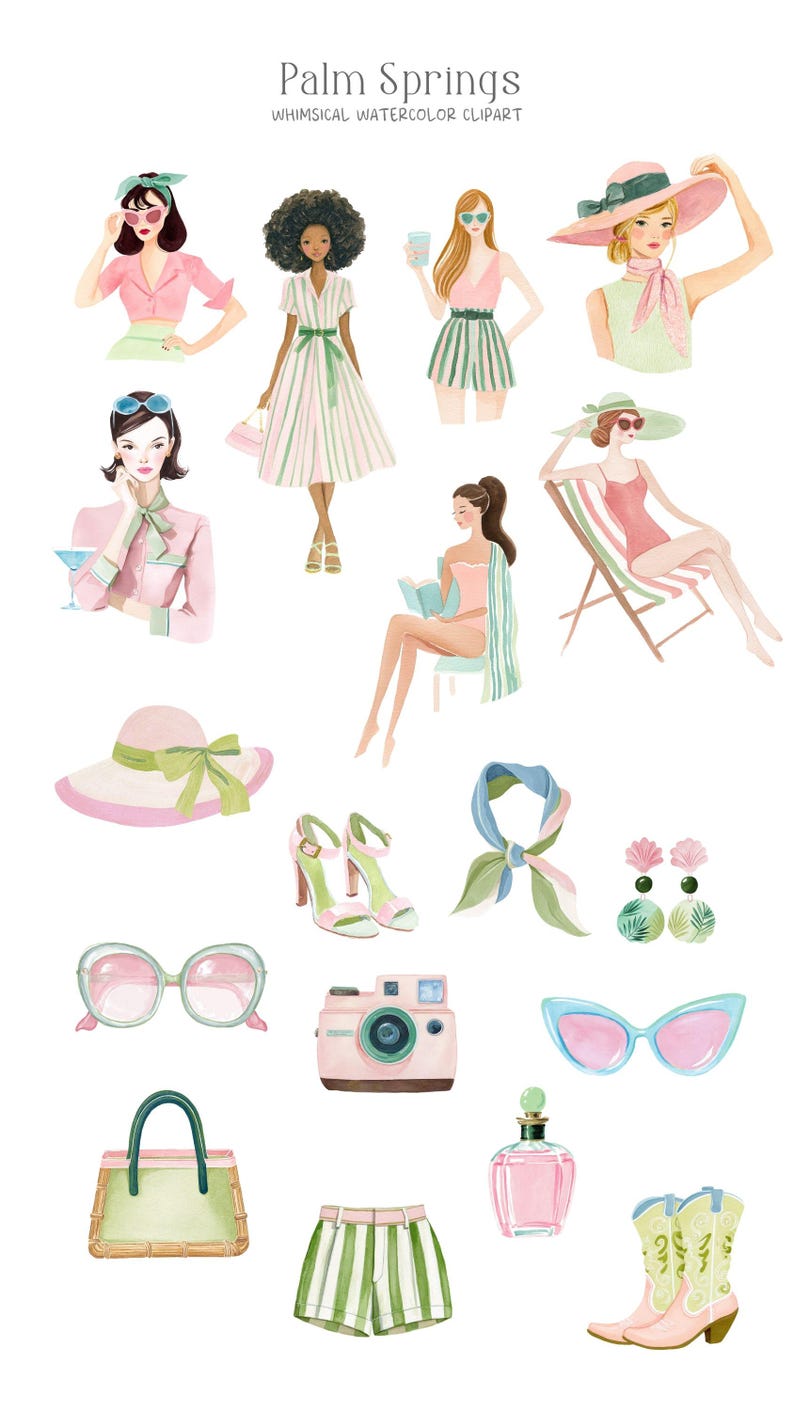 Pu&ograve; includere: Illustrazione ad acquerello intitolata "Palm Springs" con donne e accessori. Include una variet&agrave; di articoli come occhiali da sole, cappelli, una macchina fotografica, scarpe e una borsa. La tavolozza dei colori &egrave; tenue, con rosa, verdi e blu.
