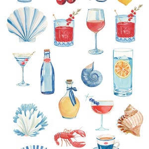 May include: Watercolor clipart featuring various coastal and culinary elements. Includes a bowl of fruit, cherries, figs, a lemon, cocktails, wine glasses, a bottle, seashells, a lobster, a plate of seafood, and ice cream.