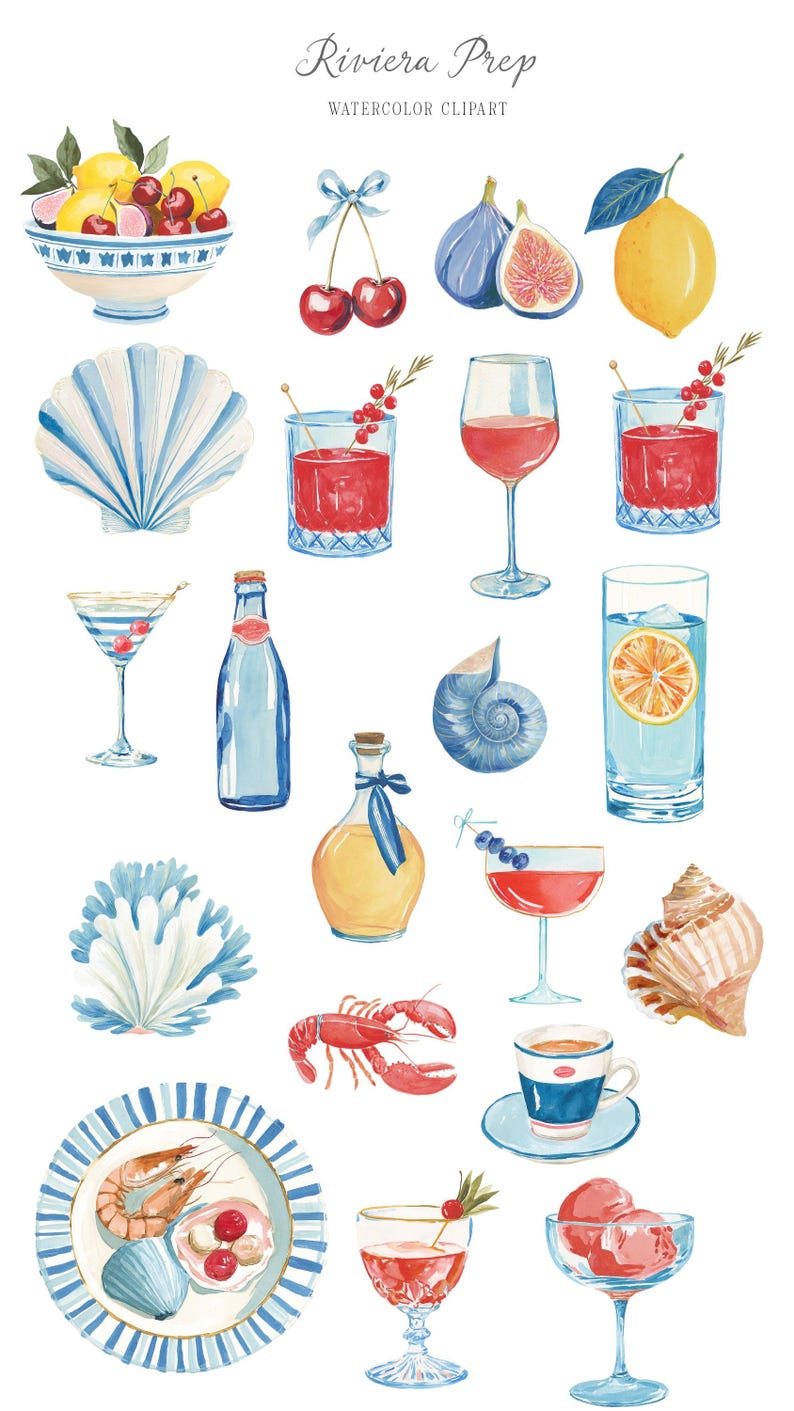 May include: Watercolor clipart featuring various coastal and culinary elements. Includes a bowl of fruit, cherries, figs, a lemon, cocktails, wine glasses, a bottle, seashells, a lobster, a plate of seafood, and ice cream.