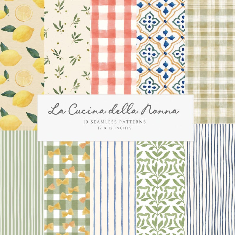 May include: A collection of ten seamless patterns, each 12 x 12 inches, featuring watercolor designs. Patterns include lemons, olive branches, gingham, floral tiles, plaid, stripes, and bowties. The text "La Cucina della Nonna" is displayed.