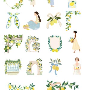 May include: Watercolor clipart set featuring lemons, leaves, and women in dresses and hats. Includes a bottle of limoncello, bows, and decorative elements. The text "LIMONI DI AMALFI" and "WATERCOLOR CLIPART" are at the top.