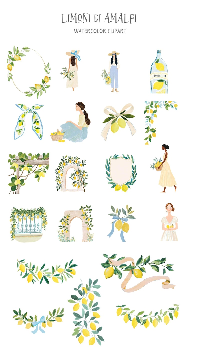May include: Watercolor clipart set featuring lemons, leaves, and women in dresses and hats. Includes a bottle of limoncello, bows, and decorative elements. The text "LIMONI DI AMALFI" and "WATERCOLOR CLIPART" are at the top.
