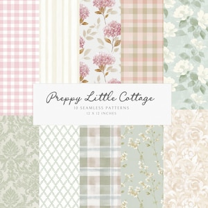 May include: Ten seamless patterns, each 30.48 x 30.48 cm, with a "Preppy Little Cottage" theme. The patterns include gingham, stripes, floral, plaid, and damask designs in soft pastel colours like pink, green, and beige.