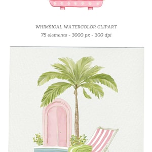 Pu&ograve; includere: Illustrazione ad acquerello con un cartello di Palm Springs, una palma, una porta rosa e una sedia a sdraio a righe con una coperta verde. L'immagine include il testo "PALM SPRINGS" e "WHIMSICAL WATERCOLOR CLIPART".