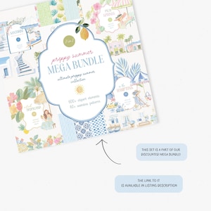 Pu&ograve; includere: Un mega bundle estivo preppy con oltre 400 elementi clipart e oltre 40 modelli senza cuciture. Il design presenta illustrazioni di Santorini, Palm Springs e Hamptons. Il testo dice "preppy summer MEGA BUNDLE".