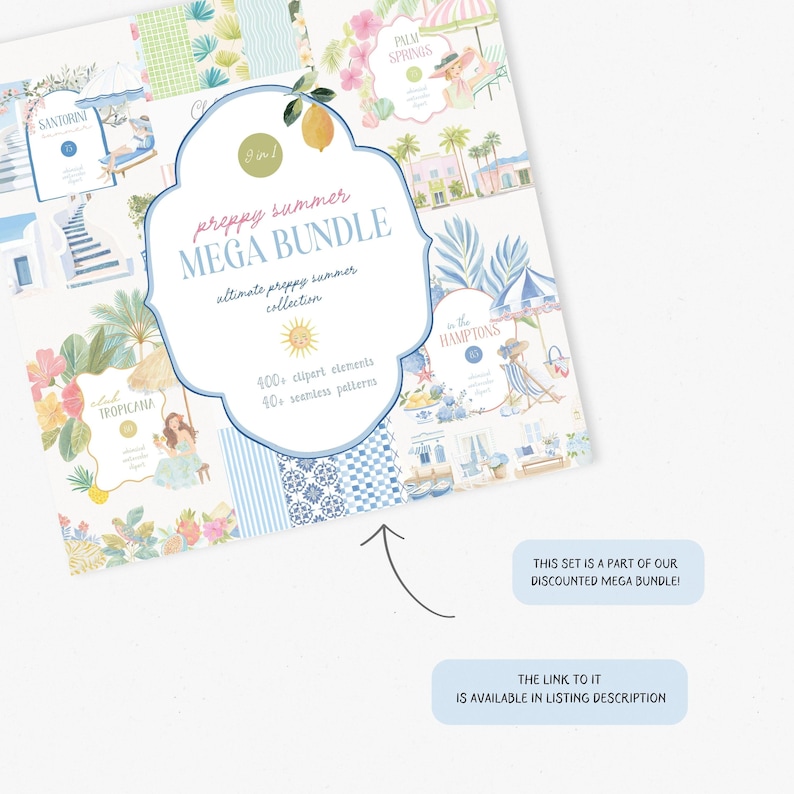 Pu&ograve; includere: Un mega bundle estivo preppy con oltre 400 elementi clipart e oltre 40 modelli senza cuciture. Il design presenta illustrazioni di Santorini, Palm Springs e Hamptons. Il testo dice "preppy summer MEGA BUNDLE".