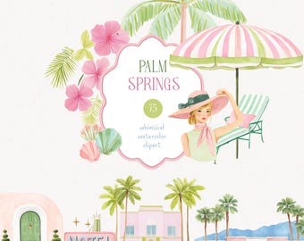 Imágenes prediseñadas de Palm Springs, estilo preppy caprichoso, acuarela, retro, verano, gráficos de mediados de siglo, PNG, uso comercial