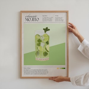 Op de afbeelding: Een ingelijste print met een klassiek Mojito-recept. De afbeelding toont een gedetailleerde illustratie van de cocktail, inclusief ingredi&euml;nten en instructies. Het kunstwerk toont een glas gevuld met ijs, limoen en munt, tegen een lichtgroene achtergrond.