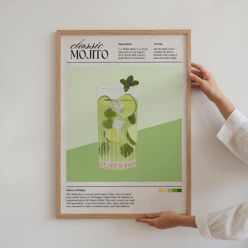 Op de afbeelding: Een ingelijste print met een klassiek Mojito-recept. De afbeelding toont een gedetailleerde illustratie van de cocktail, inclusief ingredi&euml;nten en instructies. Het kunstwerk toont een glas gevuld met ijs, limoen en munt, tegen een lichtgroene achtergrond.