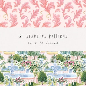 May include: Two seamless patterns, each 12 x 12 inches. The top pattern features pink, stylized leaves on a light pink background. The bottom pattern depicts a garden scene with fountains, trees, and flowers.