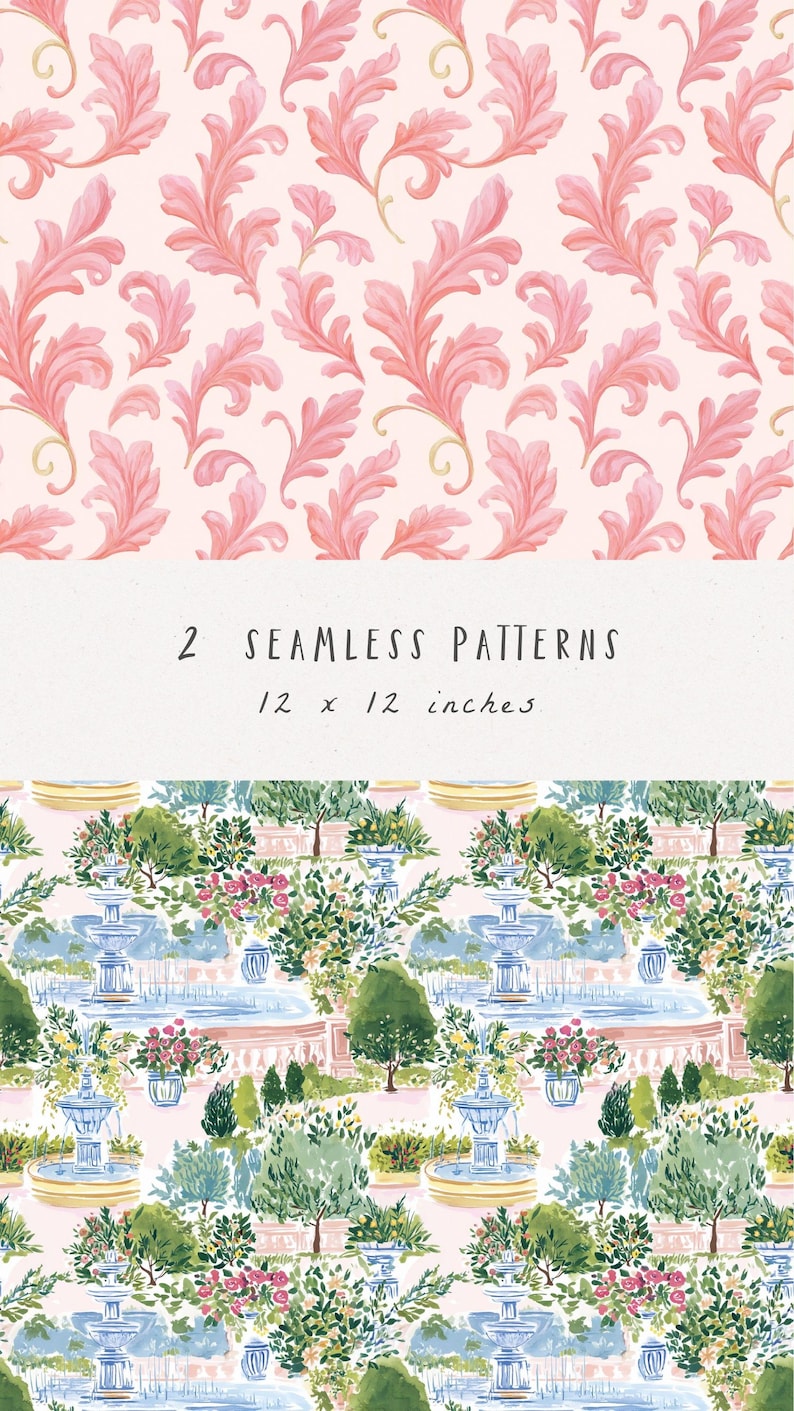 May include: Two seamless patterns, each 12 x 12 inches. The top pattern features pink, stylized leaves on a light pink background. The bottom pattern depicts a garden scene with fountains, trees, and flowers.