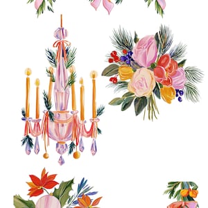Op de afbeelding: Een verzameling aquarelillustraties met een dennenkrans met roze linten, een kristallen kroonluchter met kaarsen en dennentakken, een bloemenboeket met bessen, kerstballen met kerststerren en een dennenhoekaccent.