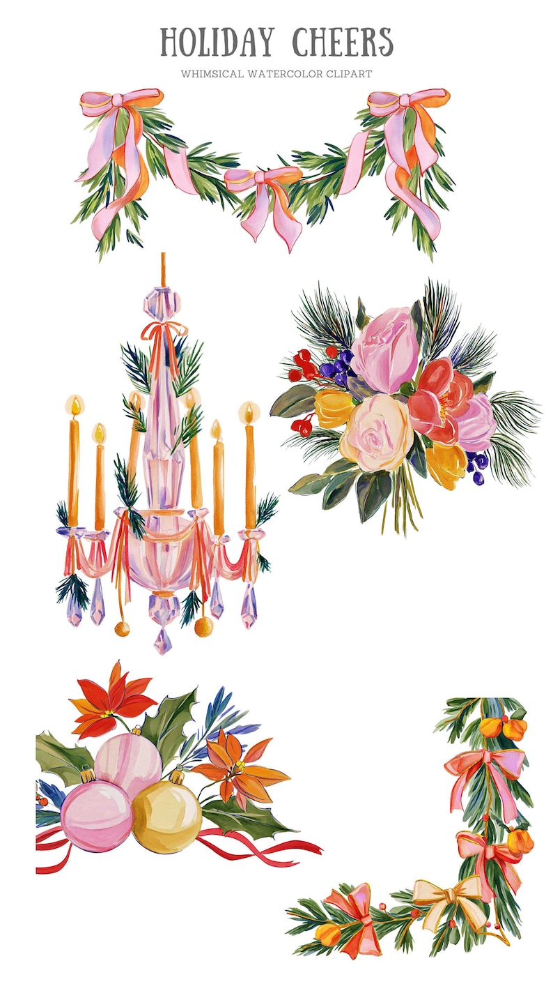 Op de afbeelding: Een verzameling aquarelillustraties met een dennenkrans met roze linten, een kristallen kroonluchter met kaarsen en dennentakken, een bloemenboeket met bessen, kerstballen met kerststerren en een dennenhoekaccent.