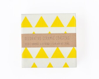 Yellow Triangles Handmade Ceramic Tile Modern Coasters Geometric White and Yellow Spring Summer