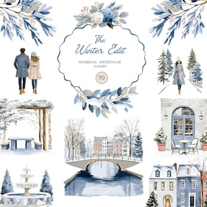 Könnte beinhalten: Aquarell-Winter-Clipart mit verschiedenen Szenen: ein Paar beim Spaziergang, eine Person in einem Mantel, eine Brücke über dem Wasser, ein Brunnen und Gebäude. Der Text "The Winter Edit" wird in einem dekorativen Rahmen mit den Worten "Whimsical Watercolor Clipart" darunter angezeigt.