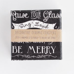 Merry Christmas Coasters Handmade Chalkboard Style Retro Font Quote Ceramic Tile Black Drink Coasters Hostess New Year Unique Holiday Gift image 5