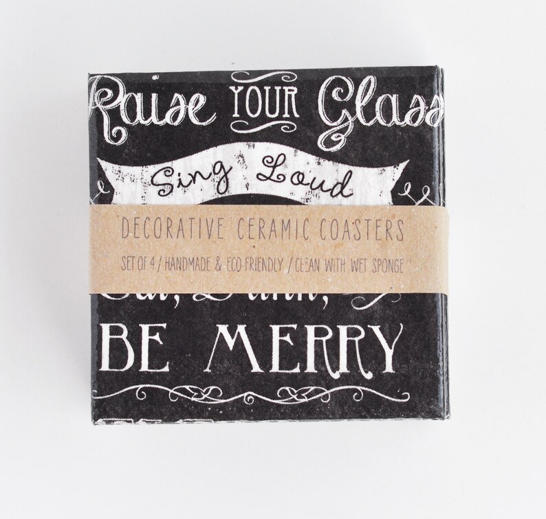 Merry Christmas Coasters Handmade Chalkboard Style Retro Font Quote Ceramic Tile Black Drink Coasters Hostess New Year Unique Holiday Gift image 5